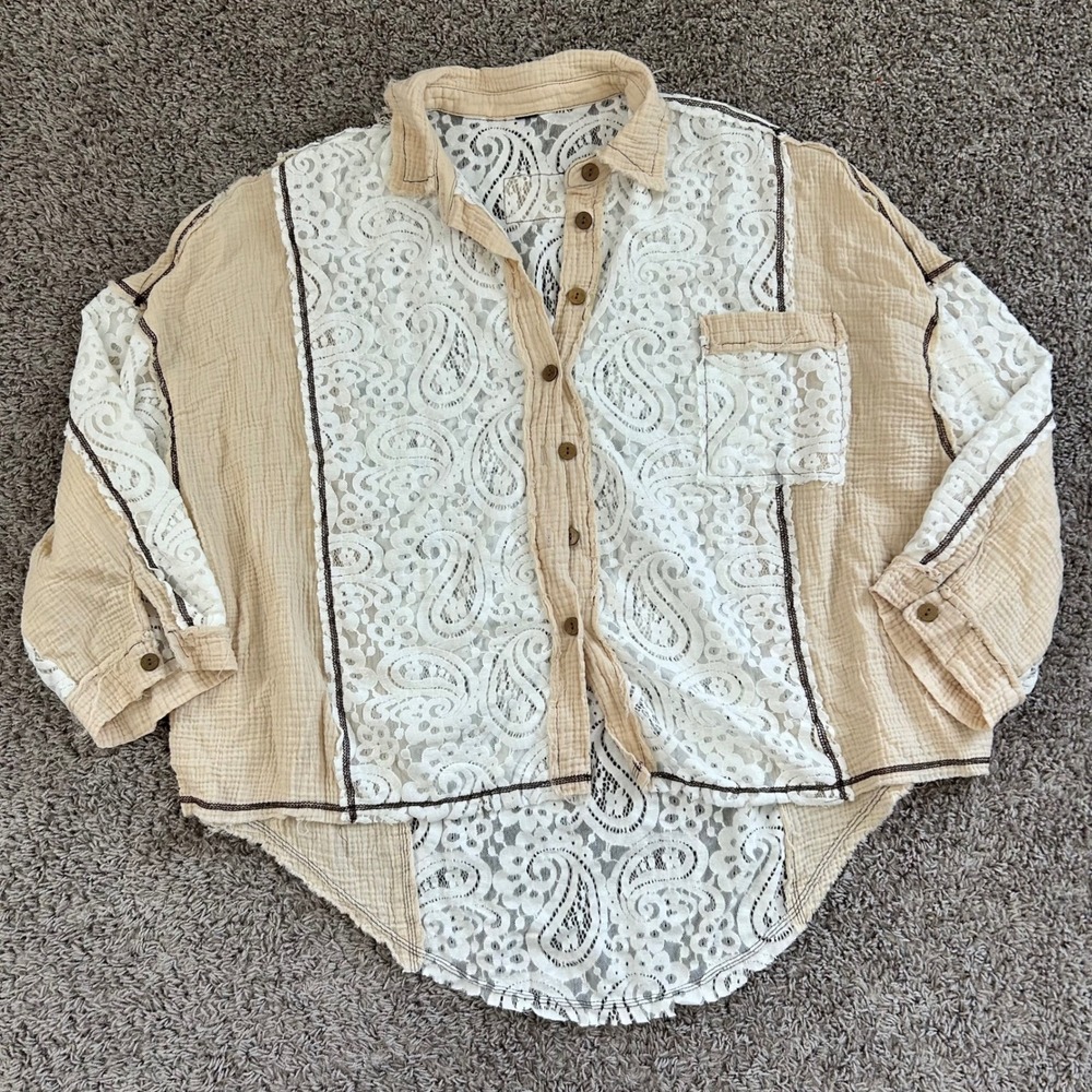Distressed Lace Panel Oversized Shirt Tan White‎ Button Up cropped NO SIZE TAG